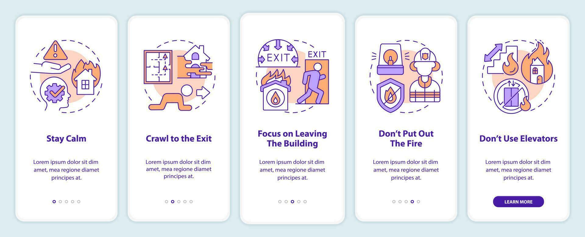 evakuering från brinnande byggnad onboarding mobil app skärm. genomgång 5 steg redigerbar grafisk instruktioner med linjär begrepp. ui, ux, gui mall vektor