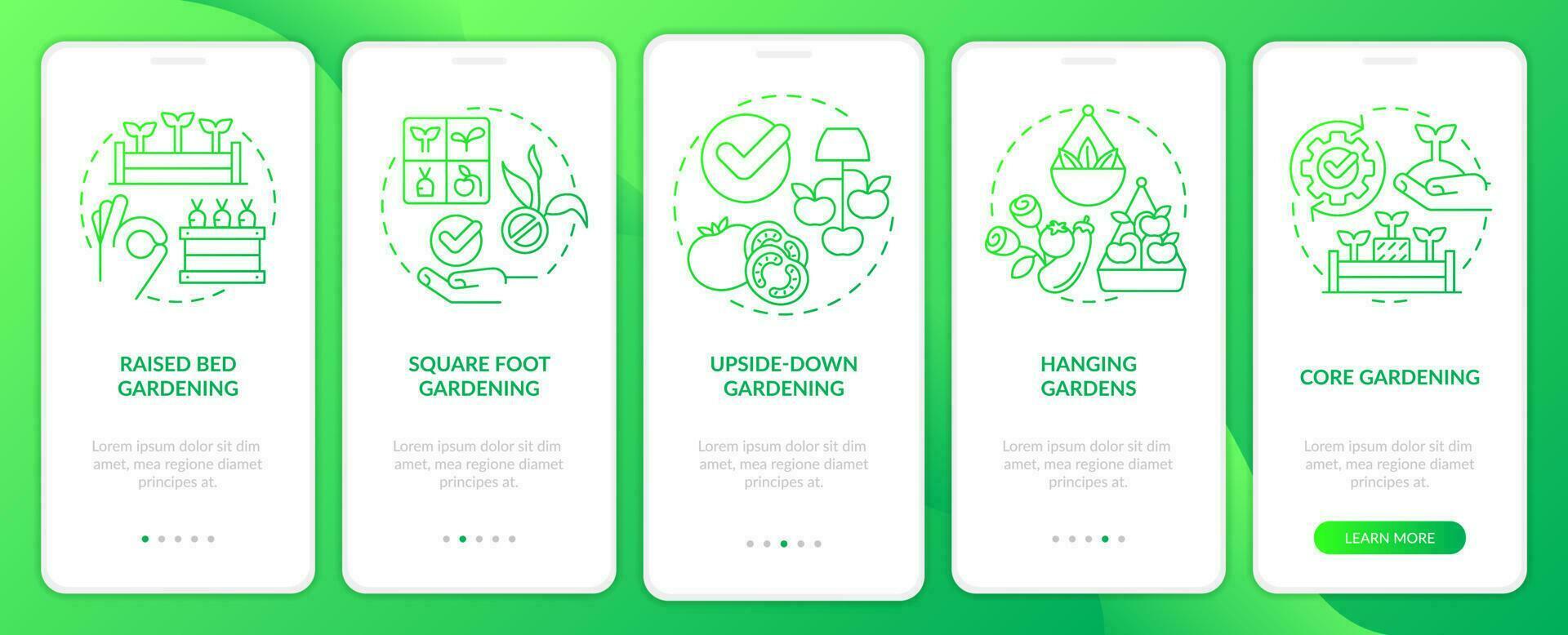 Wirksam Gartenarbeit Grün Gradient Onboarding Handy, Mobiltelefon App Bildschirm. Pflanze Pflege Komplettlösung 5 Schritte Grafik Anleitung mit linear Konzepte. ui, ux, gui Vorlage vektor