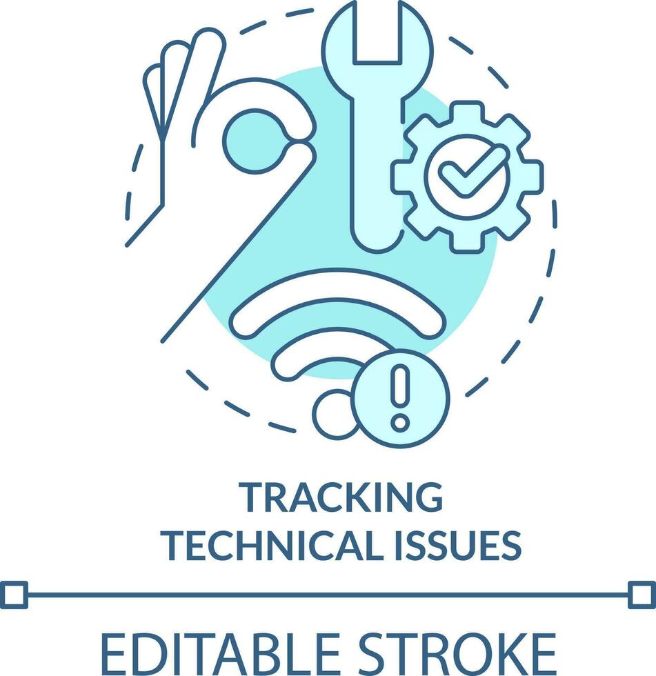 Verfolgung technisch Probleme Türkis Konzept Symbol. Digital Lernen Stress abstrakt Idee dünn Linie Illustration. isoliert Gliederung Zeichnung. editierbar Schlaganfall vektor