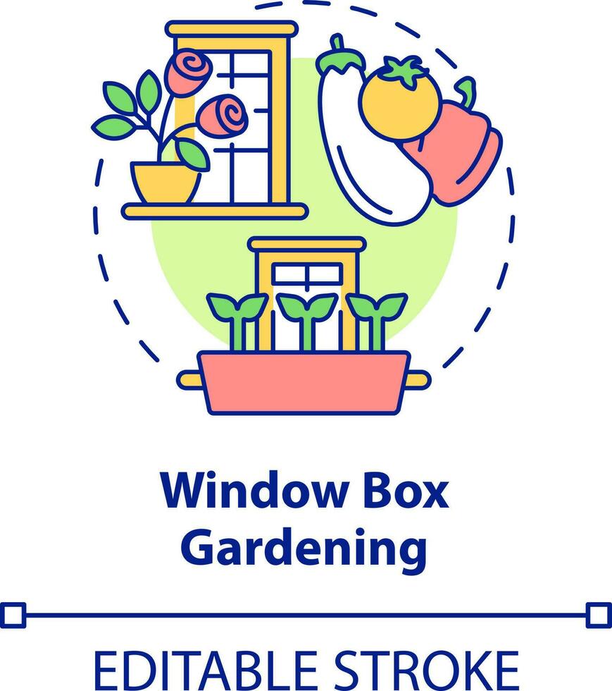 Fenster Box Gartenarbeit Konzept Symbol. Fensterbank Behälter. Gartenarbeit Methode abstrakt Idee dünn Linie Illustration. isoliert Gliederung Zeichnung. editierbar Schlaganfall vektor