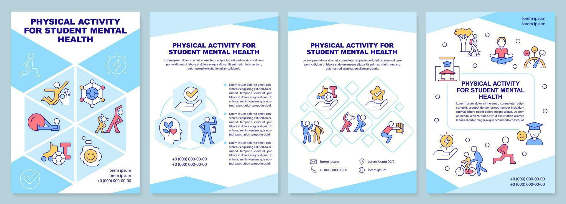 physisch Aktivität zum Schüler mental Gesundheit Broschüre Vorlage. Flugblatt Design mit linear Symbole. editierbar 4 Vektor Layouts zum Präsentation, jährlich Berichte