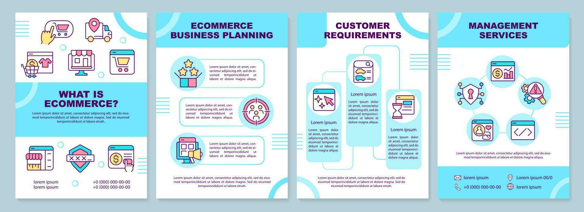 e-handel turkos broschyr mall. uppkopplad företag. folder design med linjär ikoner. redigerbar 4 vektor layouter för presentation, årlig rapporter
