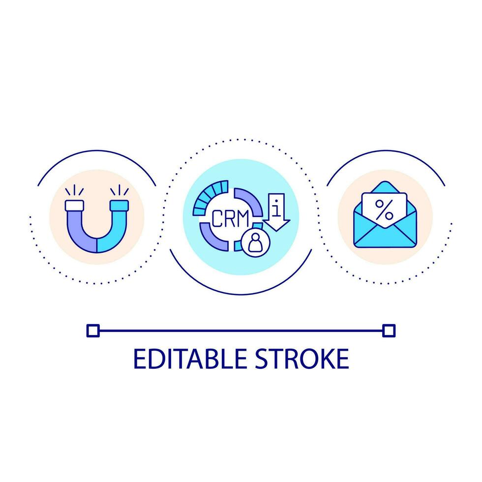 crm systemet slinga begrepp ikon. optimering av leder bearbetning. digital marknadsföring verktyg abstrakt aning tunn linje illustration. isolerat översikt teckning. redigerbar stroke vektor