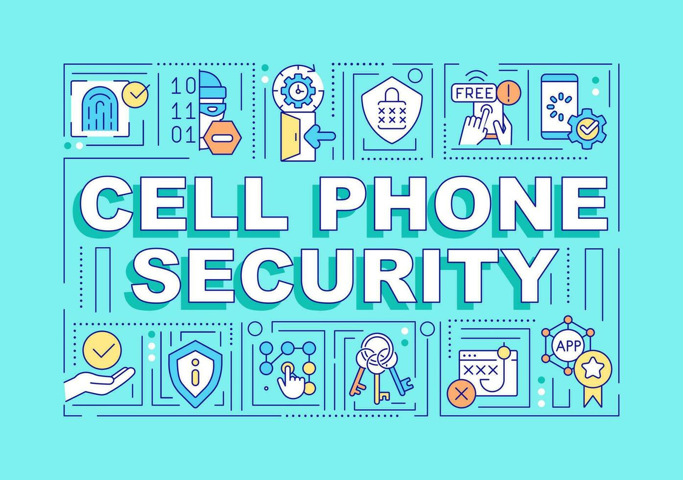 Zelle Telefon Sicherheit Wort Konzepte Türkis Banner. Smartphone Sicherheit. Infografiken mit editierbar Symbole auf Farbe Hintergrund. isoliert Typografie. Vektor Illustration mit Text