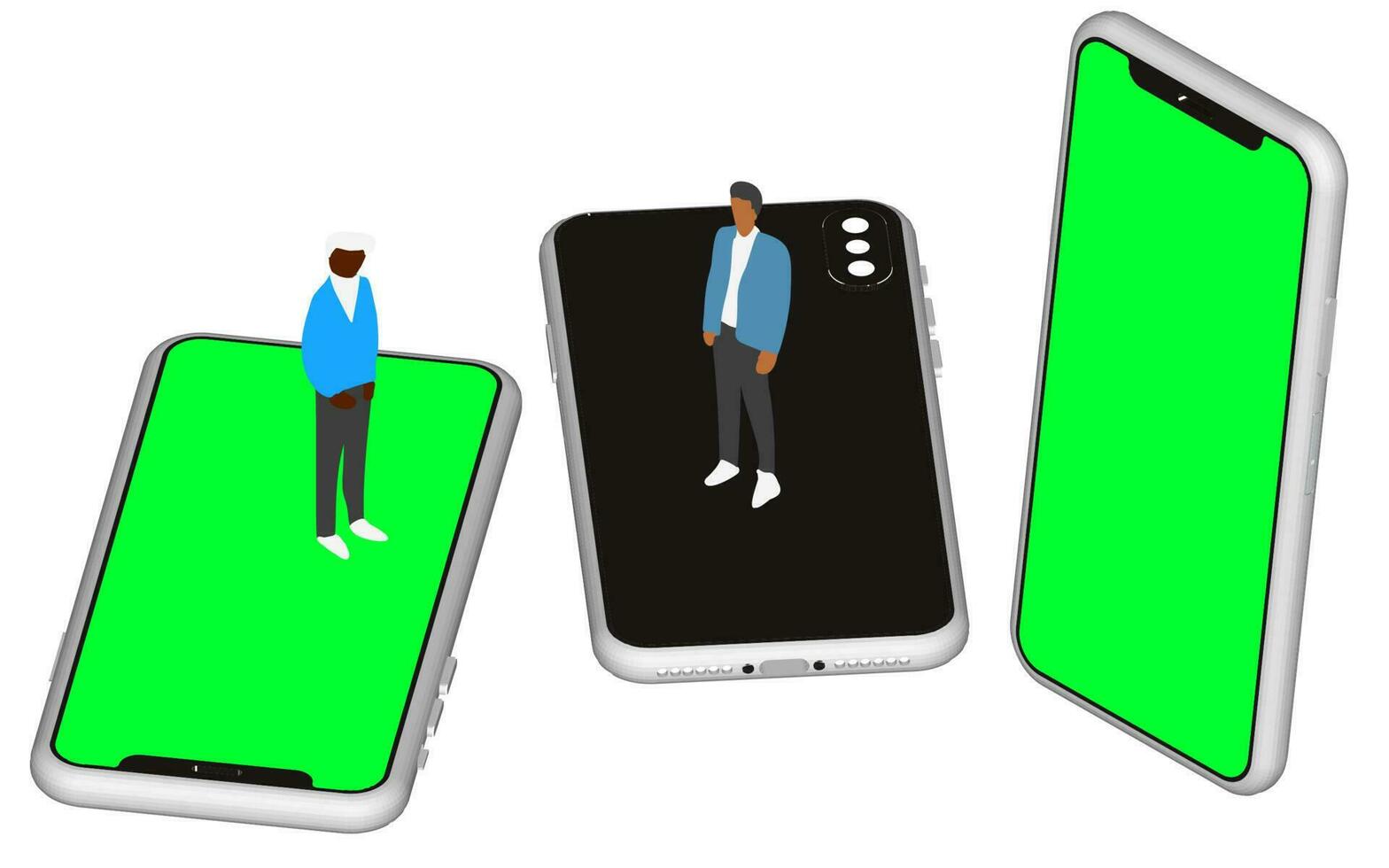 realistisch isometrisch Telefon Attrappe, Lehrmodell, Simulation. Smartphone einstellen im ein zellular Konzept bietet an ein modern und Fachmann sehen. hoch Qualität 3d Vektor Abbildungen zum App und Netz Präsentationen