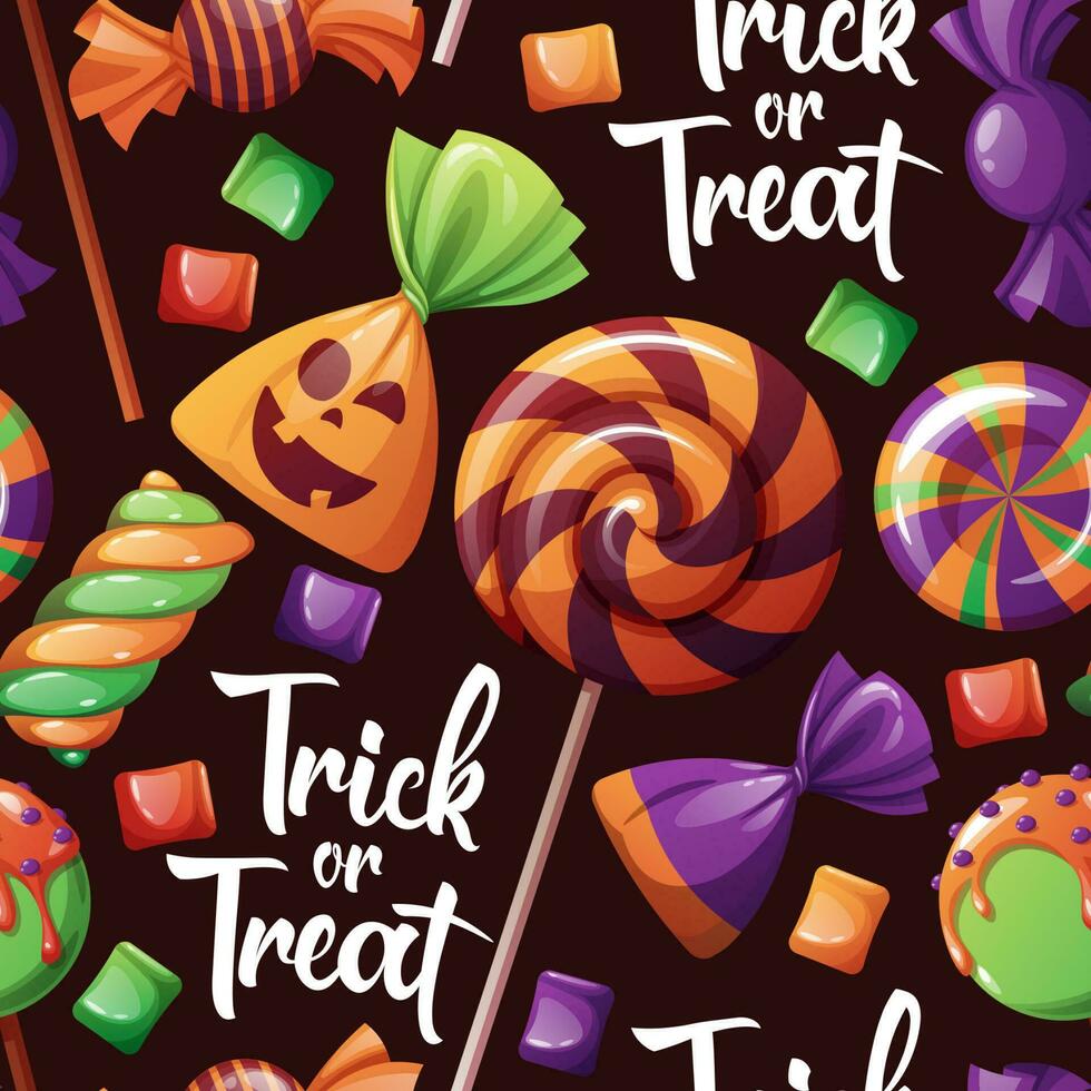 sömlös mönster med halloween sötsaker. lura eller behandla. textur med godis och klubbor med en spiral mönster. lämplig för omslag papper, scrapbooking, tapet, textil- vektor