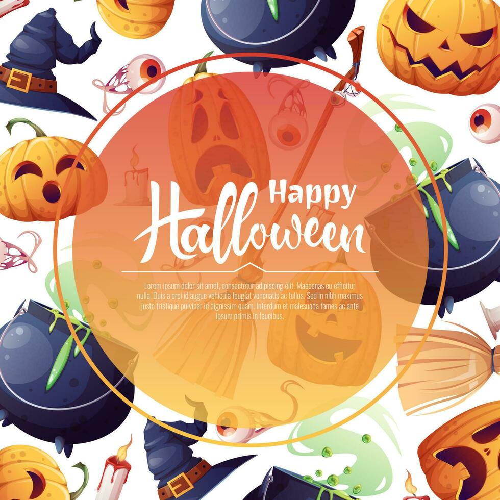 Vektor Hintergrund zum Halloween Einladung oder Gruß Karte. Kürbisse, Hexe s Kessel, Besen Hut. großartig zum Flyer, Banner, Hintergrund