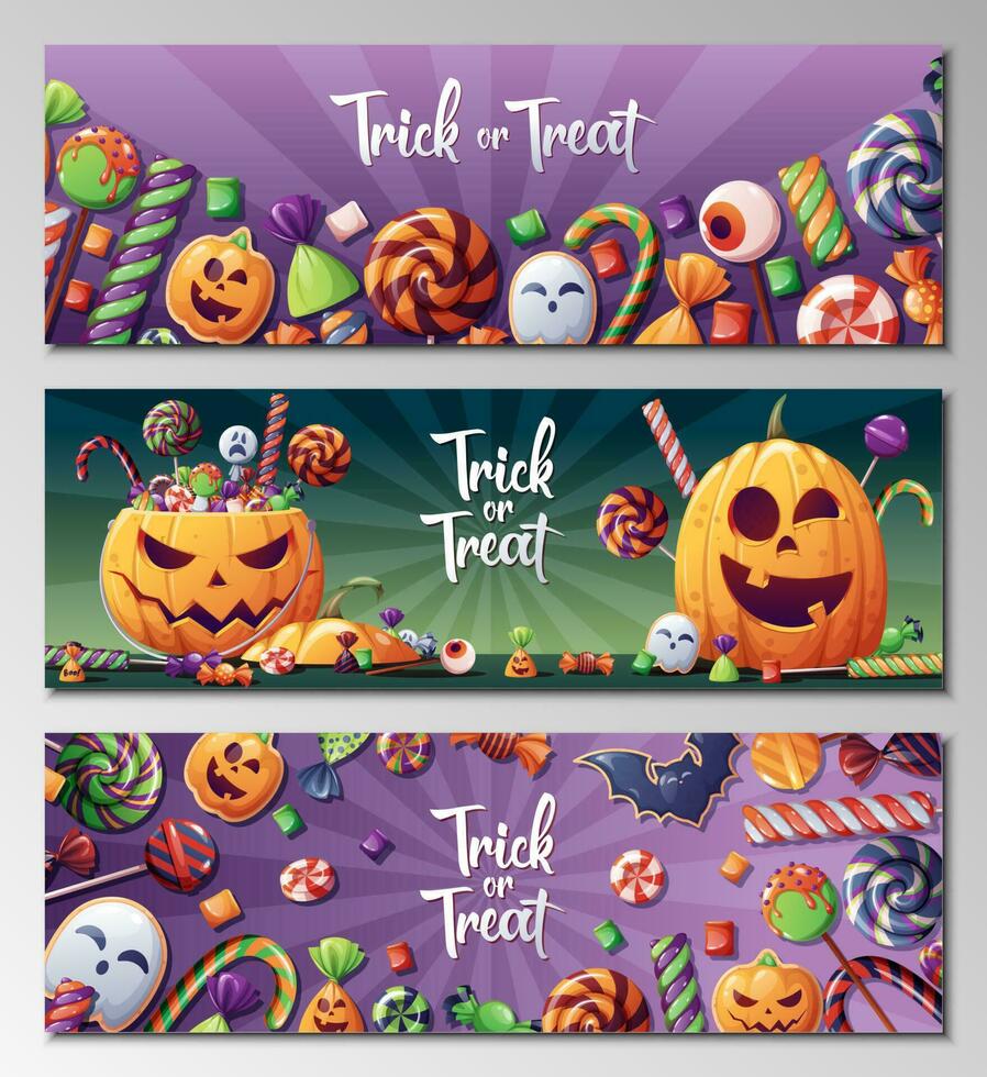 vektor uppsättning av halloween banderoller eller posters med pumpa och fruktansvärd sötsaker, godis, klubbor med halloween stil spiral mönster. lura eller behandla