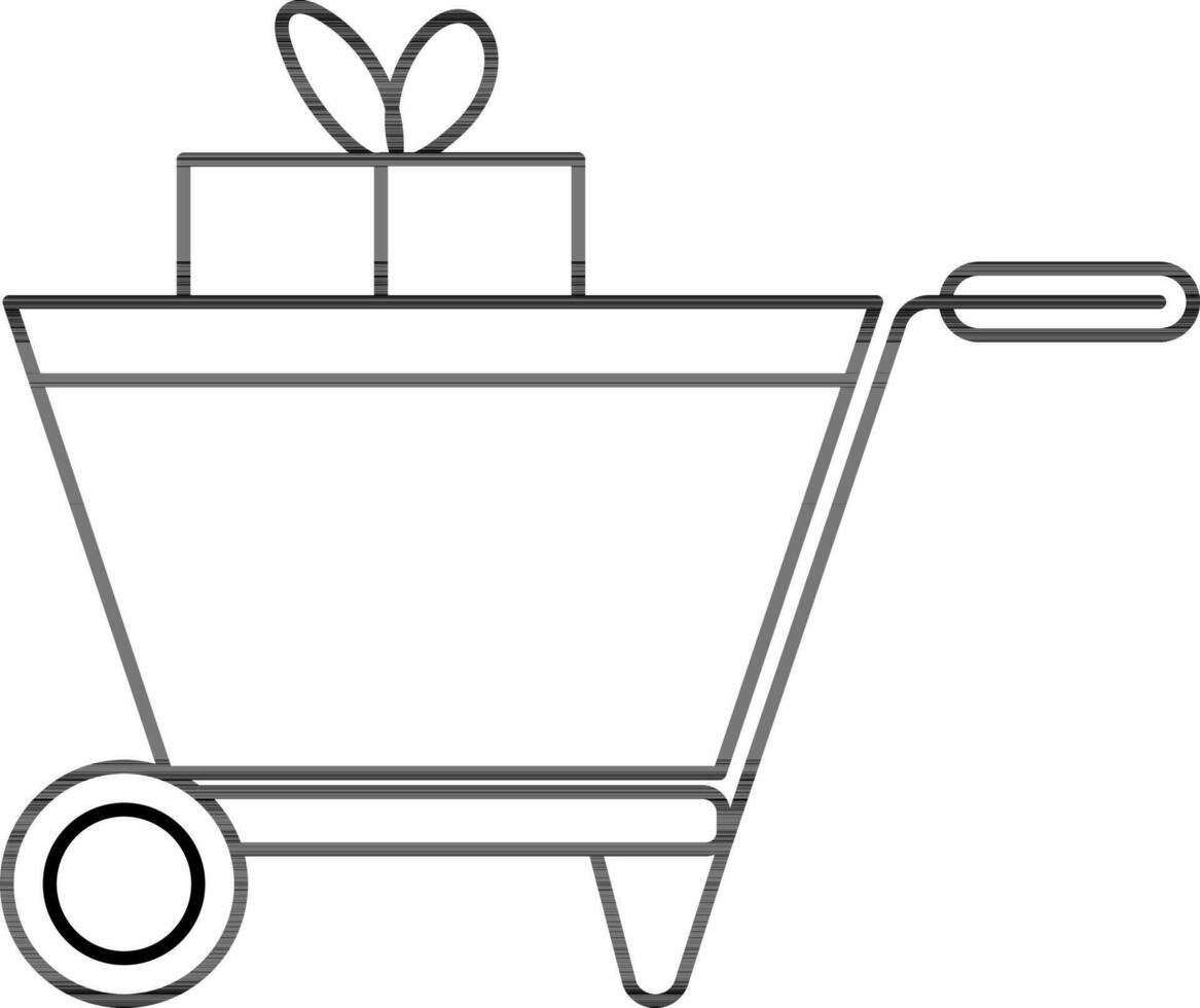 Einkaufen Wagen mit Geschenk Box Symbol im schwarz Umriss. vektor