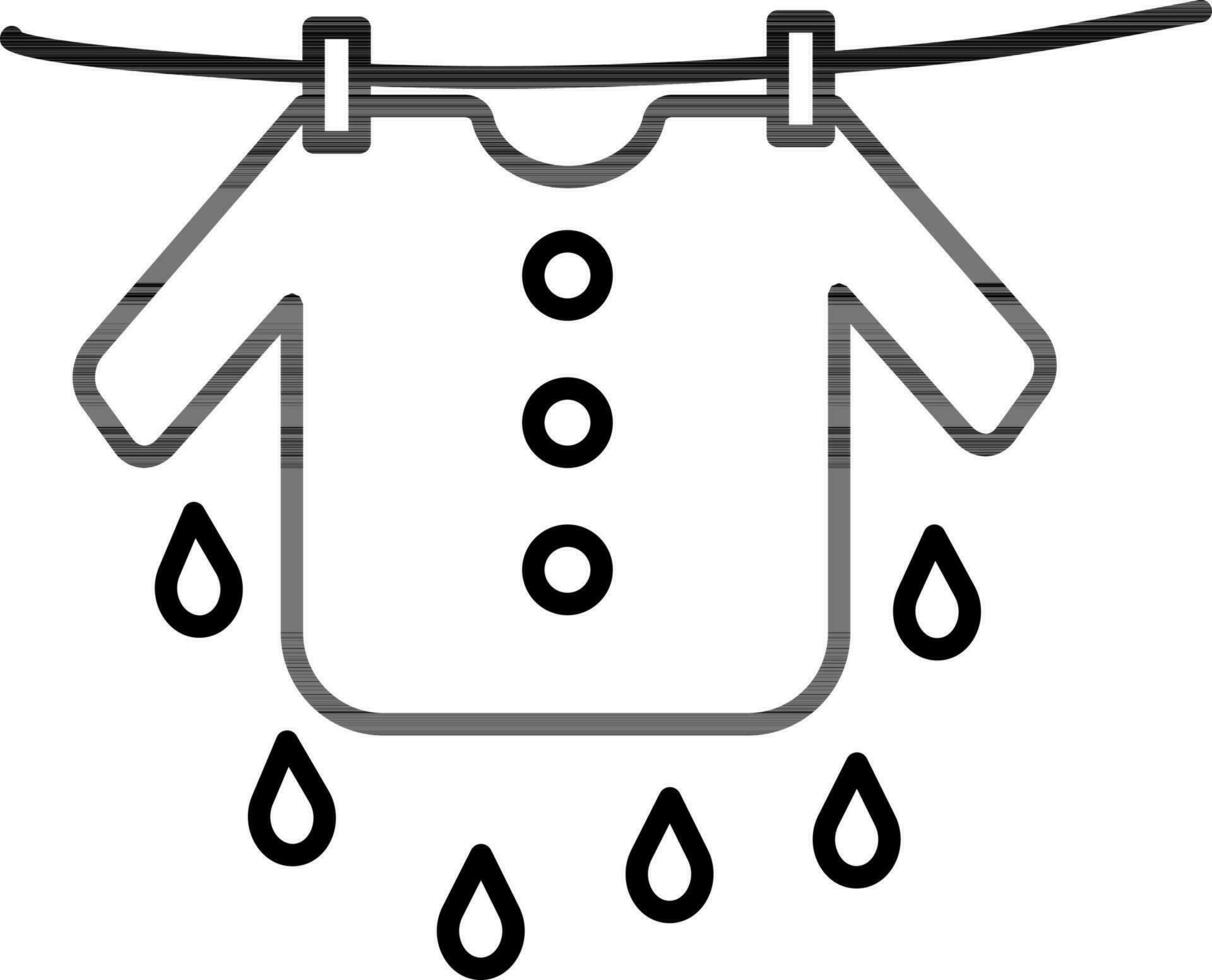 Linie Kunst Illustration von Wasser tropfen von hängend T-Shirt mit Clips auf Seil Symbol. vektor