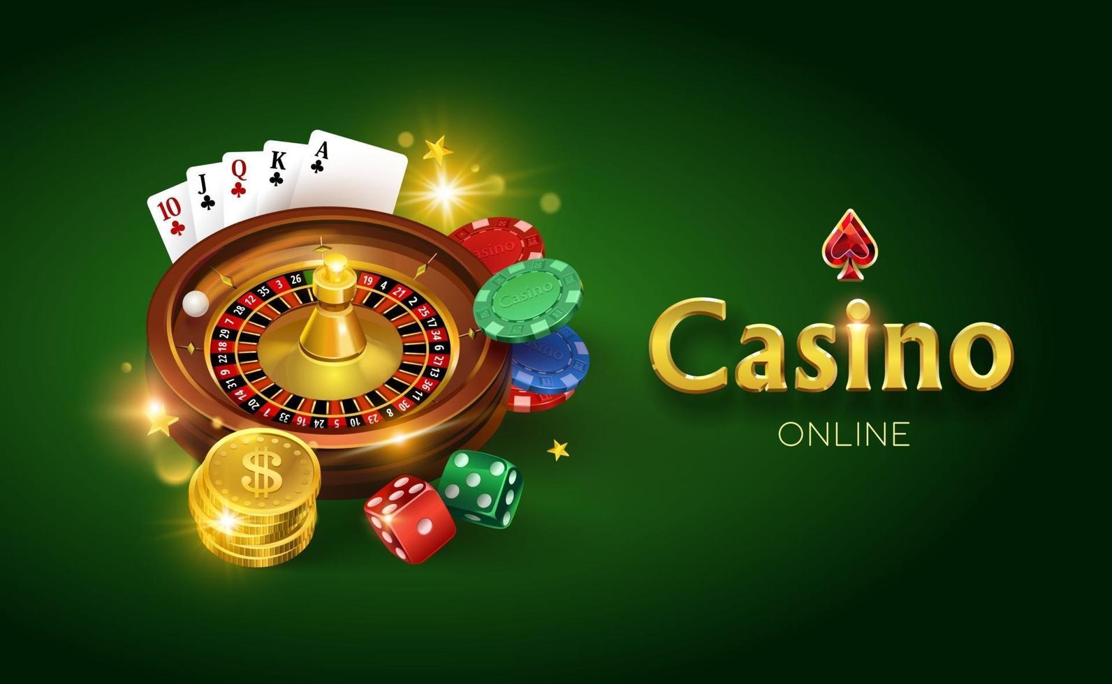 Kasino auf einem grünen Hintergrund, Würfel, Goldmünzen, Karten, Roulette und Chips Vektorillustration vektor