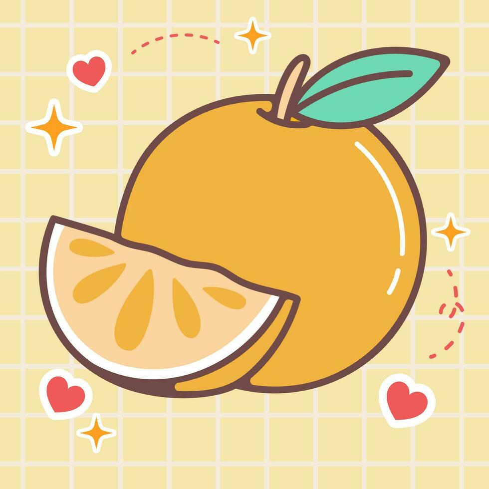 söt mat tecknad serie av färsk orange frukt illustration. vektor ikon av söt japansk klotter stil för unge produkt, klistermärke, skjorta, tapet, kort