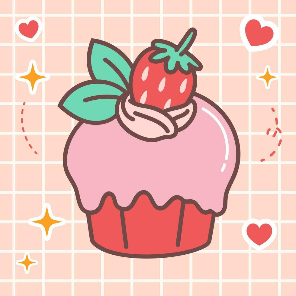 kawaii Essen Karikatur von Erdbeere Cupcakes Illustration. Vektor Symbol von süß japanisch Gekritzel Stil zum Kind Produkt, Aufkleber, Shirt, Hintergrund, Karte
