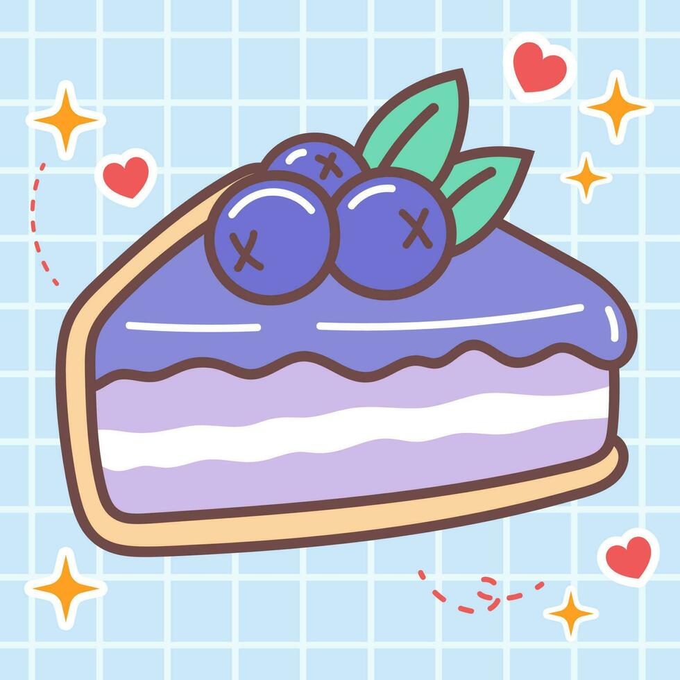 kawaii Essen Karikatur von Blaubeere Käse Kuchen Illustration. Vektor Symbol von süß japanisch Gekritzel Stil zum Kind Produkt, Aufkleber, Shirt, Hintergrund, Karte