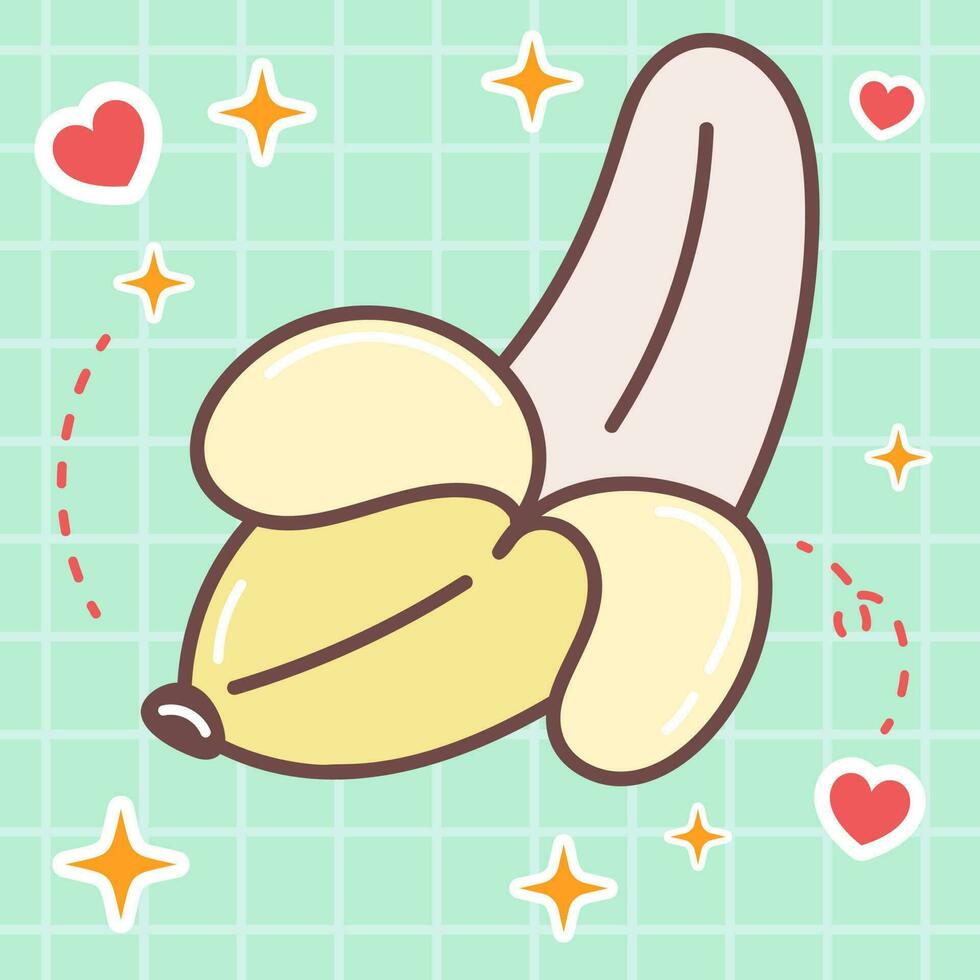 kawaii Essen Karikatur von Süss Banane Obst Illustration. Vektor Symbol von süß von japanisch Gekritzel Stil zum Kind Produkt, Aufkleber, Shirt, Hintergrund, Karte