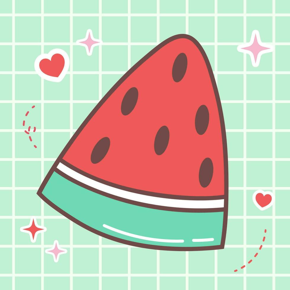 kawaii Essen Karikatur von frisch Wassermelone Vektor Symbol von süß japanisch Gekritzel Stil zum Kind Produkt, Aufkleber, Hemd mit Grün Hintergrund eben Illustration