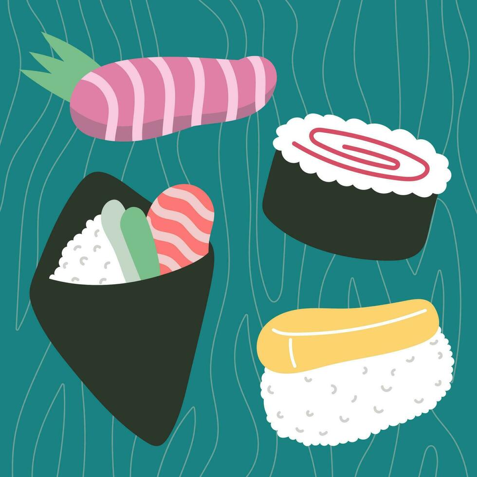 färgrik sushi uppsättning av annorlunda typer vektor platt illustration