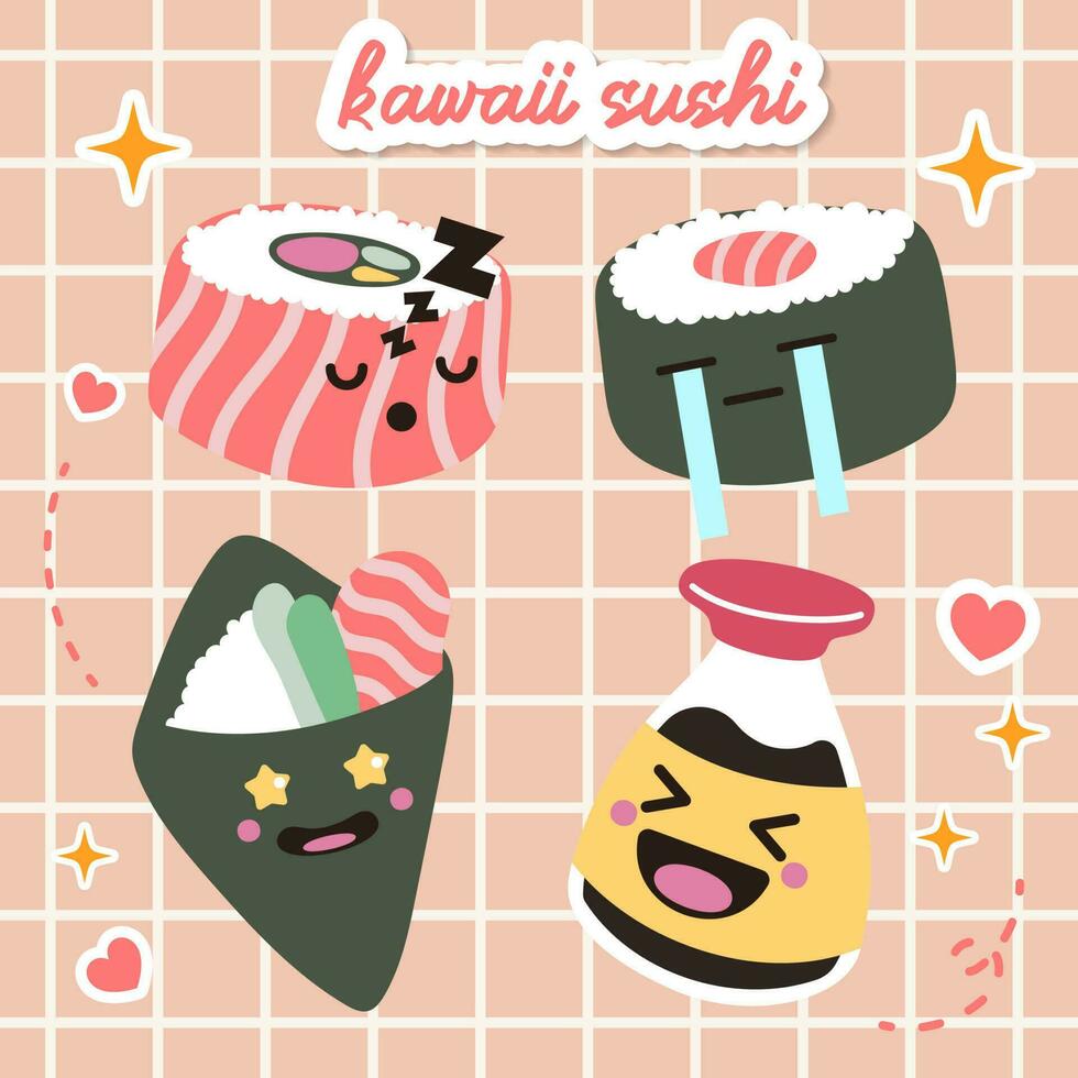 söt sushi och rullar vektor i japan anime manga stil med söt leende ansikte rosa kinder. japansk traditionell kök maträtter i platt illustration