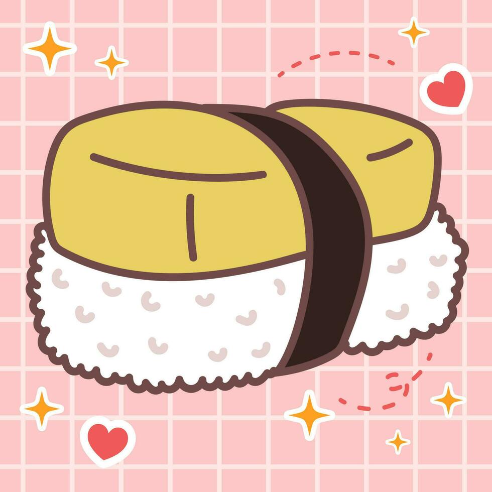 kawaii Essen von Tamago Nigiri Sushi. Vektor Hand gezeichnet süß Karikatur Charakter Illustration Logo Symbol. süß Japan Anime, Manga Stil Konzept Design