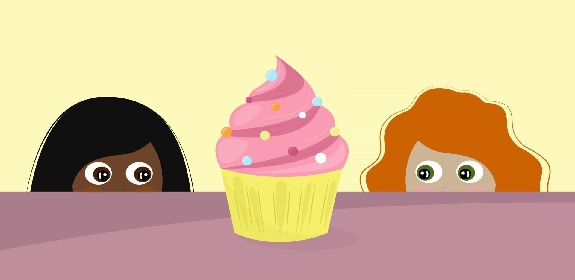 Frau und Nachtischvektorillustration zwei Mädchen schauen hinter dem Tisch heraus und betrachten köstlichen Cupcake vektor