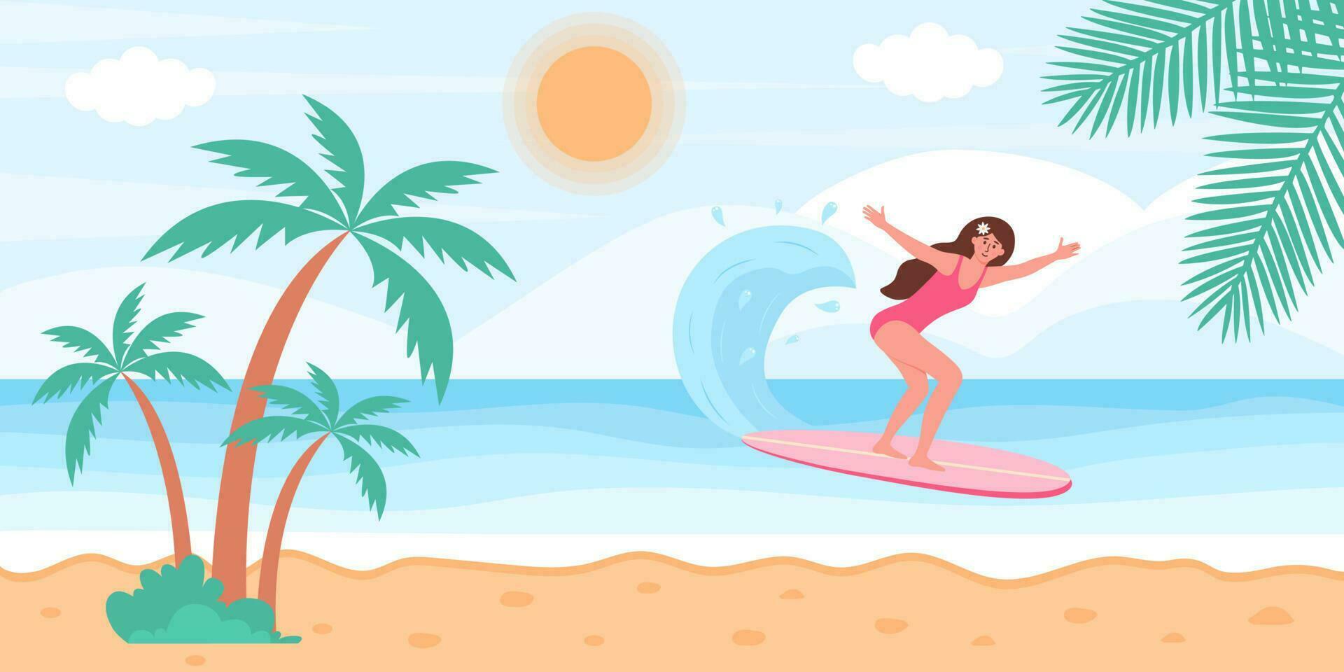 Frau im Badeanzug auf Surfbrett im das Ozean. tropisch Palmen auf das Strand. Sommer, Meereslandschaft, aktiv Sport, Surfen, Ferien Konzept. eben Karikatur Vektor Illustration.