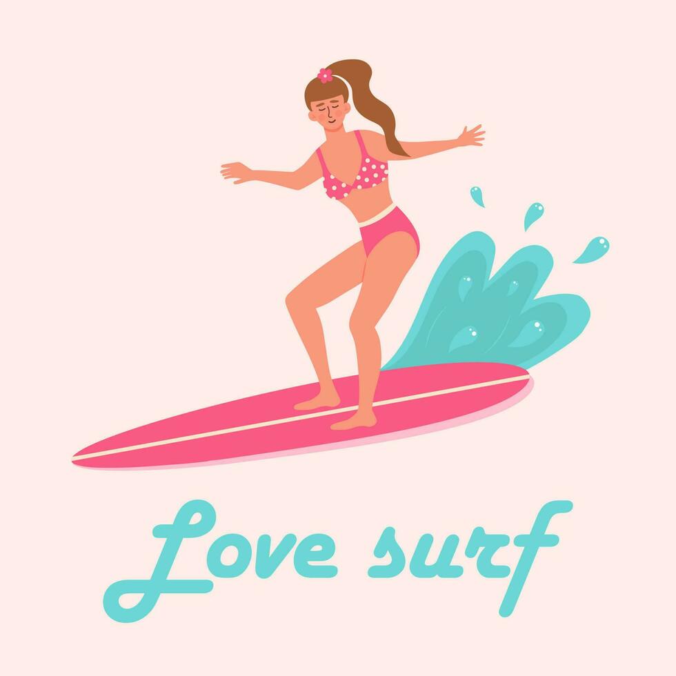 kvinna i baddräkt på de surfbräda. kärlek surfa text. sommartid, aktiva sport, surfing på hav vågor, semester begrepp. platt tecknad serie vektor illustration.