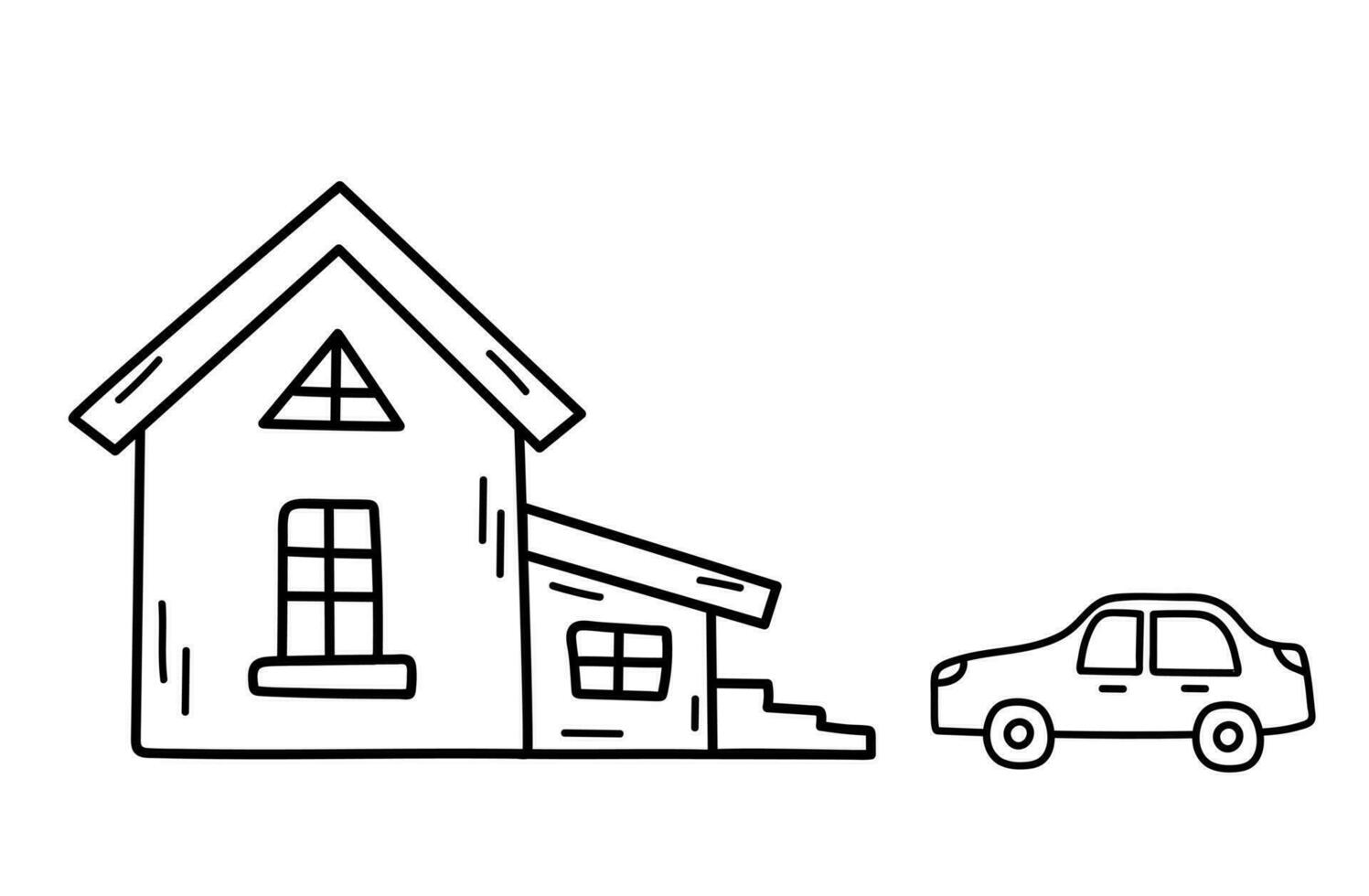 süß winzig Haus mit Auto im Gekritzel Stil. Süss heim. Vektor handgemalt Illustration isoliert auf Weiß Hintergrund.