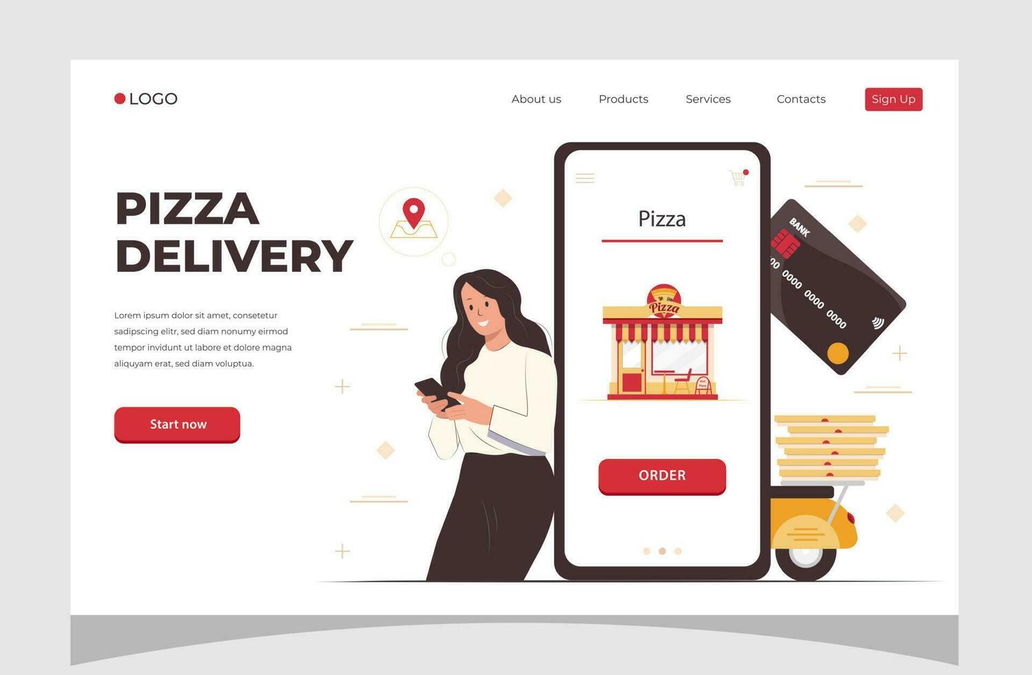 Essen online bestellen Smartphone. Pizza Lieferung. Essen Lieferung Konzept zum Banner, Webseite Design oder Landung Netz Buchseite. vektor