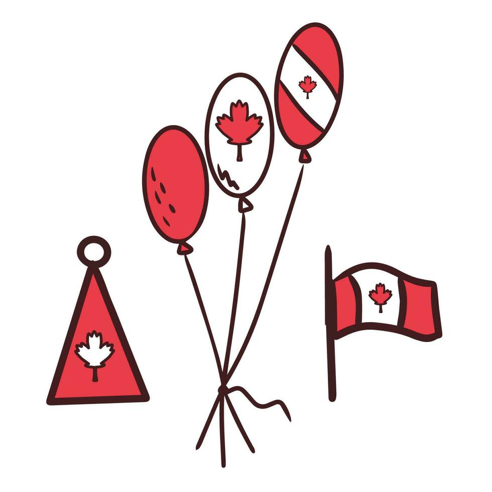 ballonger och fest hattar med de flagga av Kanada. kanada dag. lönn blad som en symbol. först av juli. de symbolism är röd och vit. klotter stil. vykort, baner, affisch eller design. vektor
