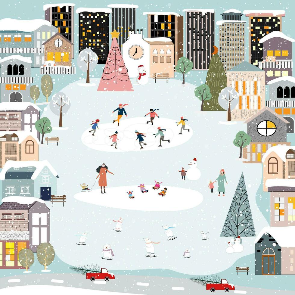 jul kort, vinter landskap med snö faller jul eve i stad, vektor söt vinter- sagoland i de stad med Lycklig människor, polar Björn firande i de parkera, glad jul, nytt år 2024