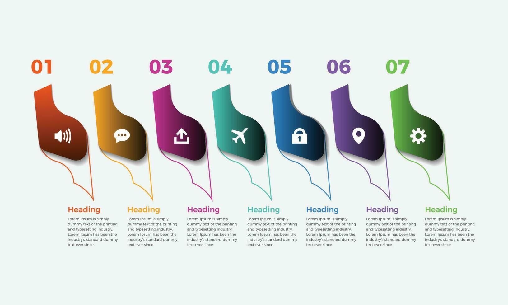 Präsentation Geschäft Infografik Vorlage Design mit 7 Optionen. Geschäft Infografik Präsentation mit Etikette Nummer und Symbol zum Arbeitsablauf vektor
