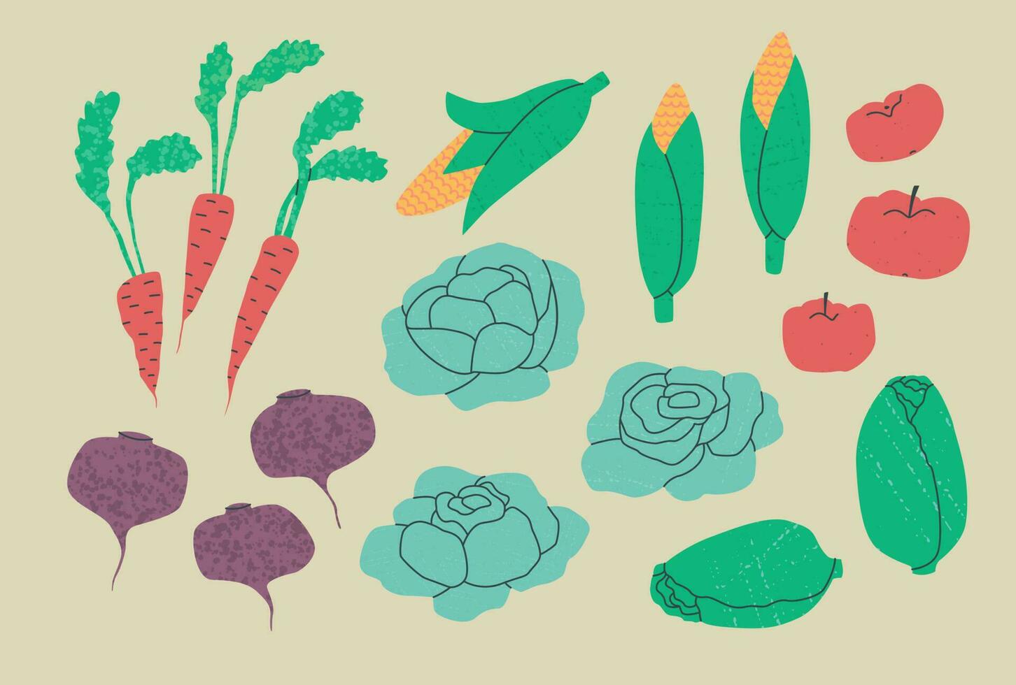 uppsättning av olika grönsaker - kål, morötter, rödbetor, majs, tomater, isberg sallad. vektor platt trend illustration med texturer.