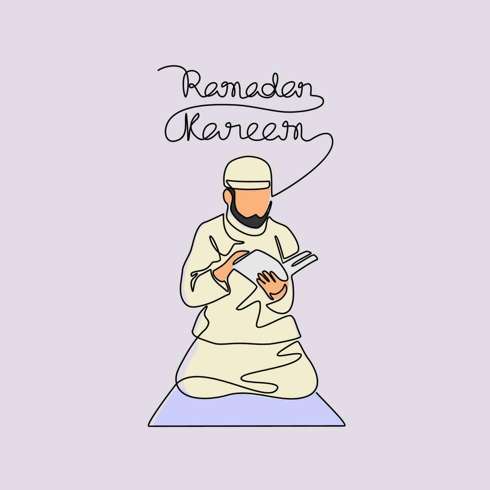 ein Moslem Mann lesen das Koran im das Moschee während Ramadhan Zeit im kontinuierlich Linie Kunst Zeichnung Stil. Design mit minimalistisch schwarz linear Design isoliert auf Weiß Hintergrund. Vektor Illustration