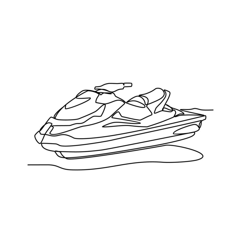 ett kontinuerlig linje teckning av en Jet ski på de hav. Jet ski begrepp illustration i enkel linjär stil. hav spratt design begrepp vektor illustration