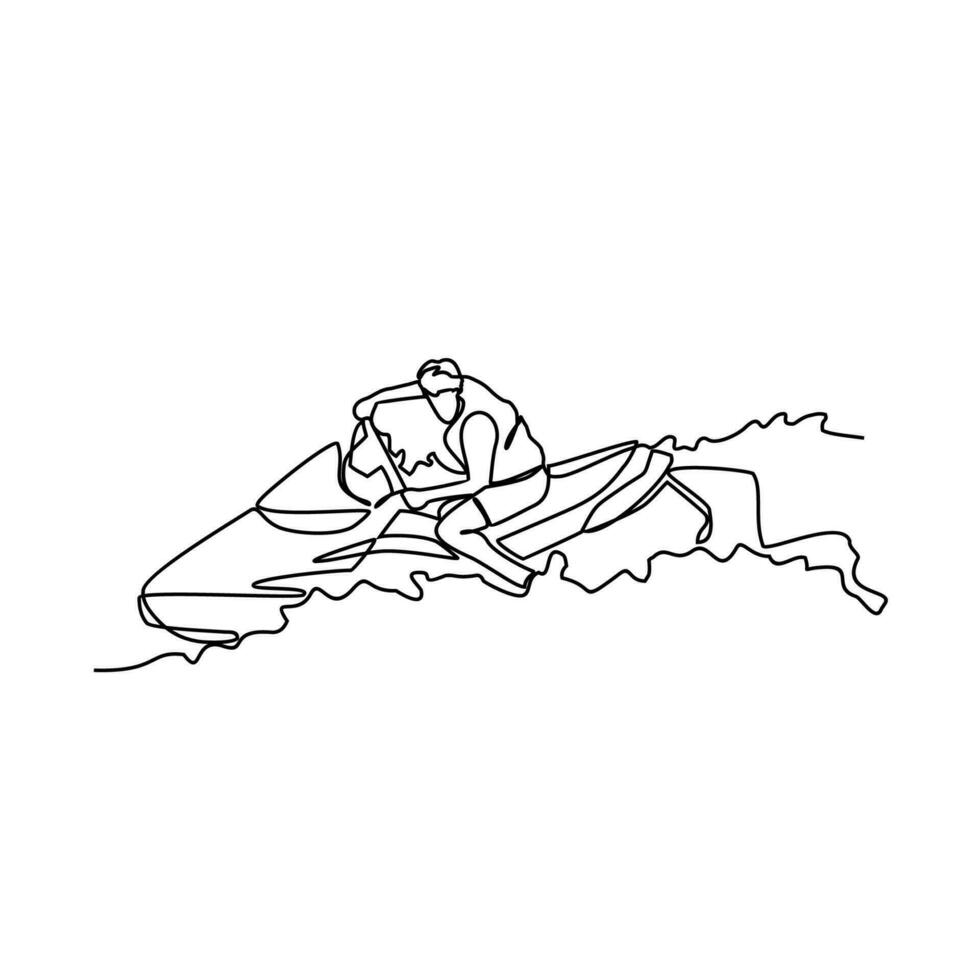 ett kontinuerlig linje teckning av en människor spelar Jet ski på de hav. Jet ski begrepp illustration i enkel linjär stil. hav spratt design begrepp vektor illustration