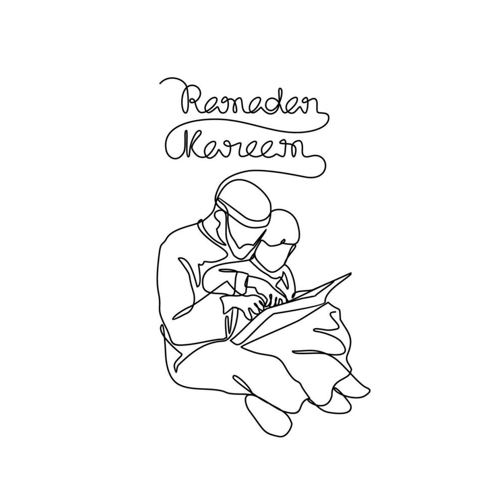 far och hans son inlärning av quran under Ramadhan tid i kontinuerlig linje konst teckning stil. design med minimalistisk svart linjär design isolerat på vit bakgrund. vektor illustration