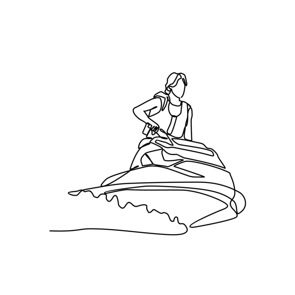 ett kontinuerlig linje teckning av en människor spelar Jet ski på de hav. Jet ski begrepp illustration i enkel linjär stil. hav spratt design begrepp vektor illustration