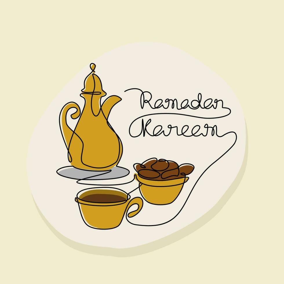 ett kontinuerlig linje teckning av mat och dryck för iftar ramadan firande. arab mat i enkel linjär stil. mat för eid ramadan firande design begrepp. vektor illustration