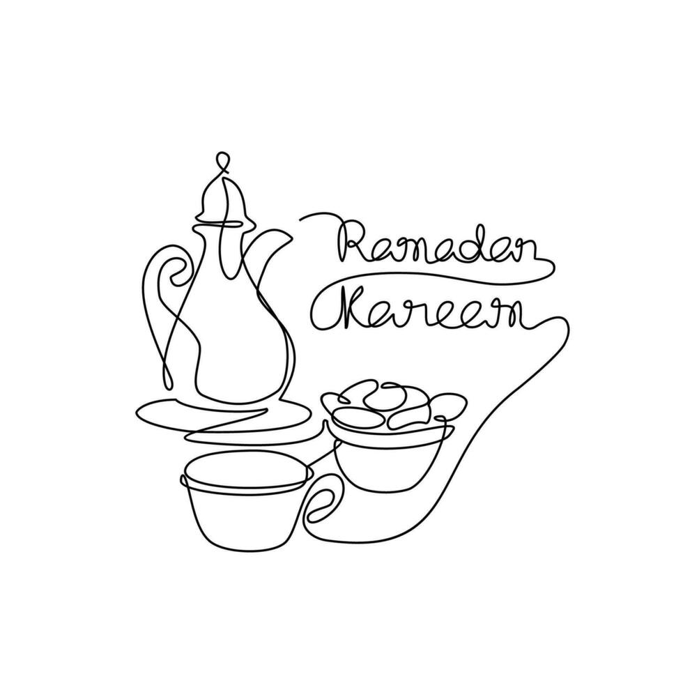 einer kontinuierlich Linie Zeichnung von Essen und trinken zum iftar Ramadan Feier. arabisch Essen im einfach linear Stil. Essen zum eid Ramadan Feier Design Konzept. Vektor Illustration