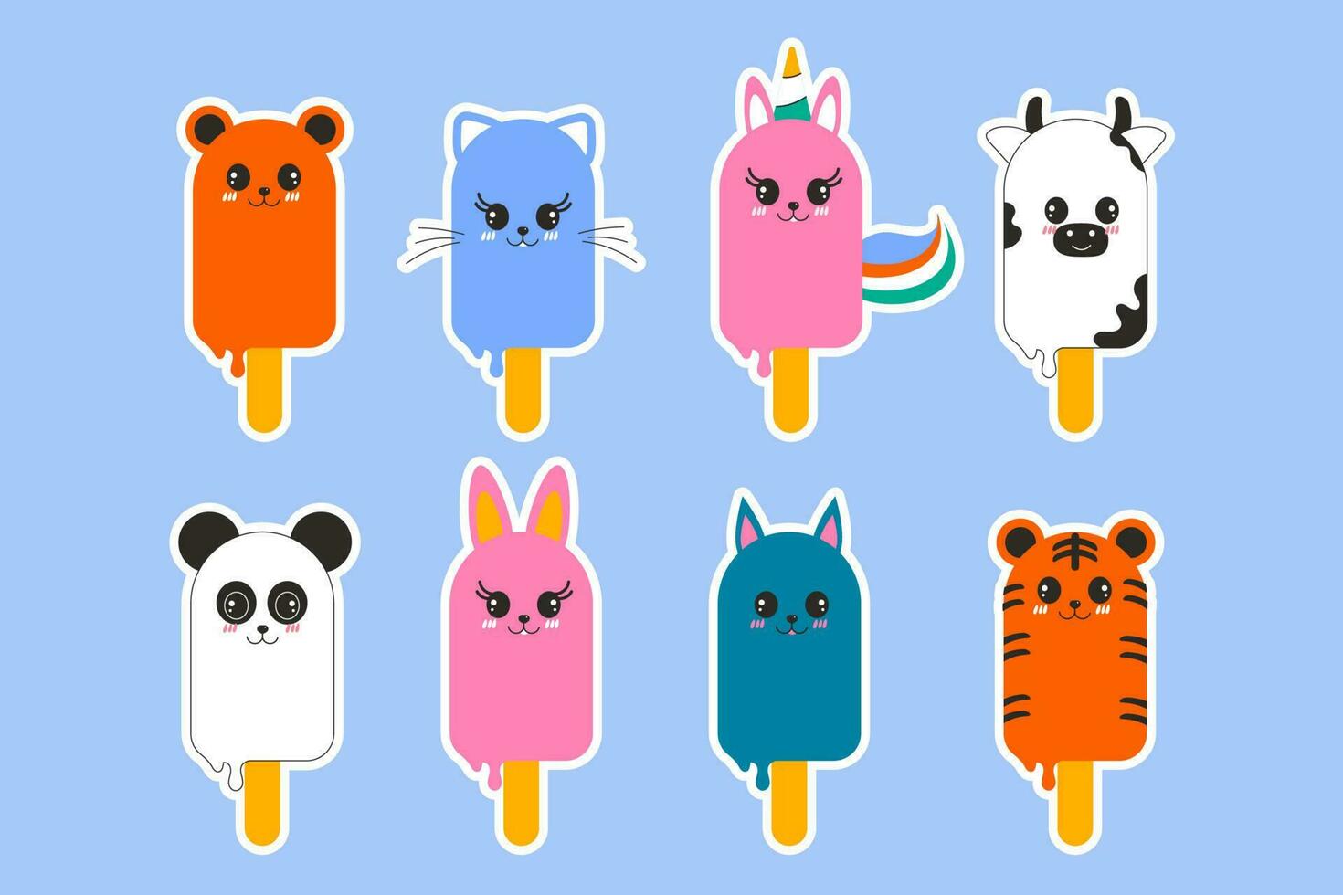 einstellen von Hand gezeichnet Aufkleber Eis Sahne kawaii im das bilden von Tiere auf ein Stock eben Design vektor