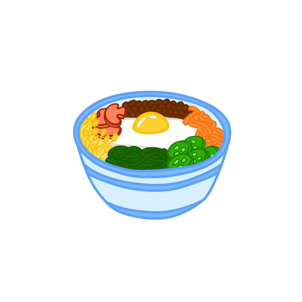 bibimbap vektor platt illustration. asiatisk skål med ägg, nötkött, grönsaker. koreanska kök mat. redigerbar lunch