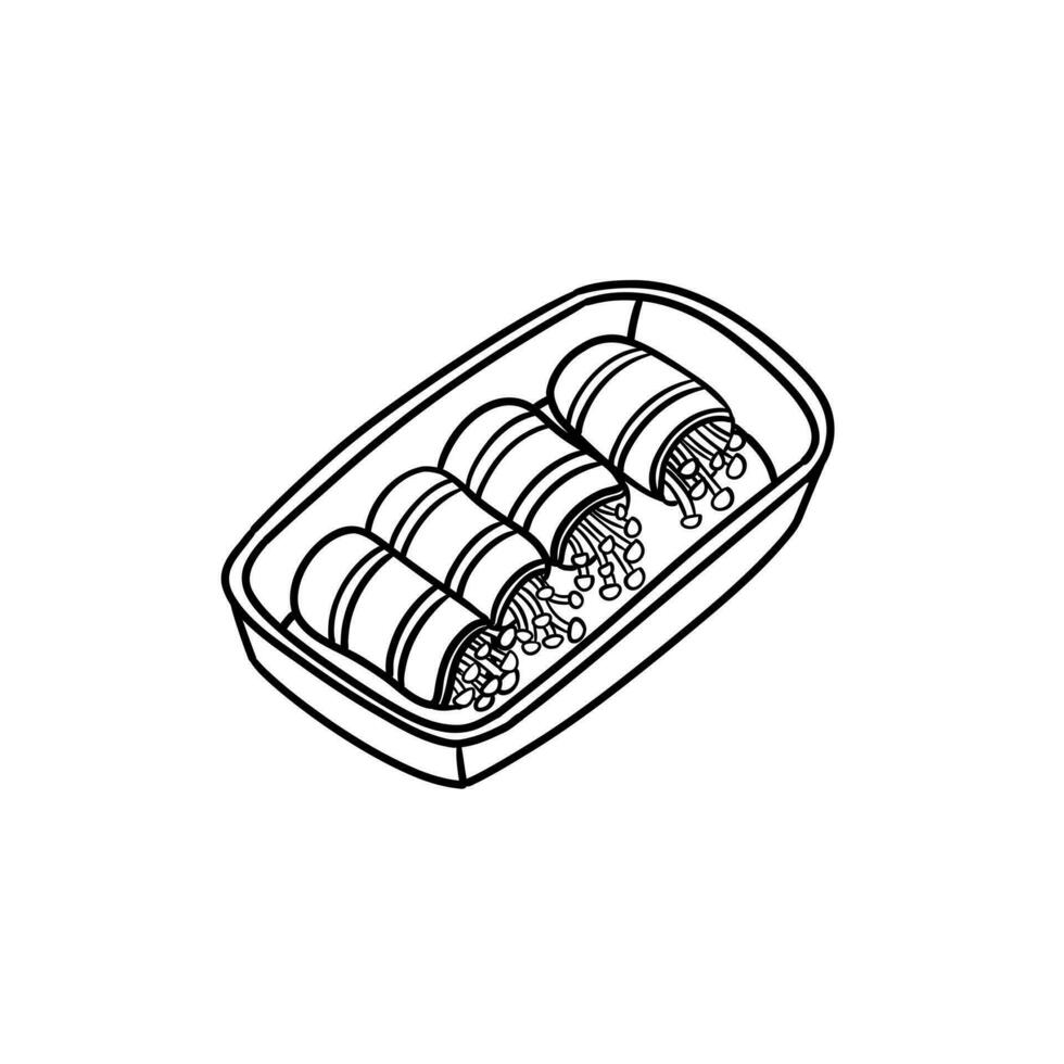 asiatisch Vorspeise. Enoki Pilze eingewickelt im Speck. Koreanisch Snack. traditionell japanisch Grill Mahlzeit. Grill Yakitori. Vektor Illustration im Gliederung Stil Über Essen