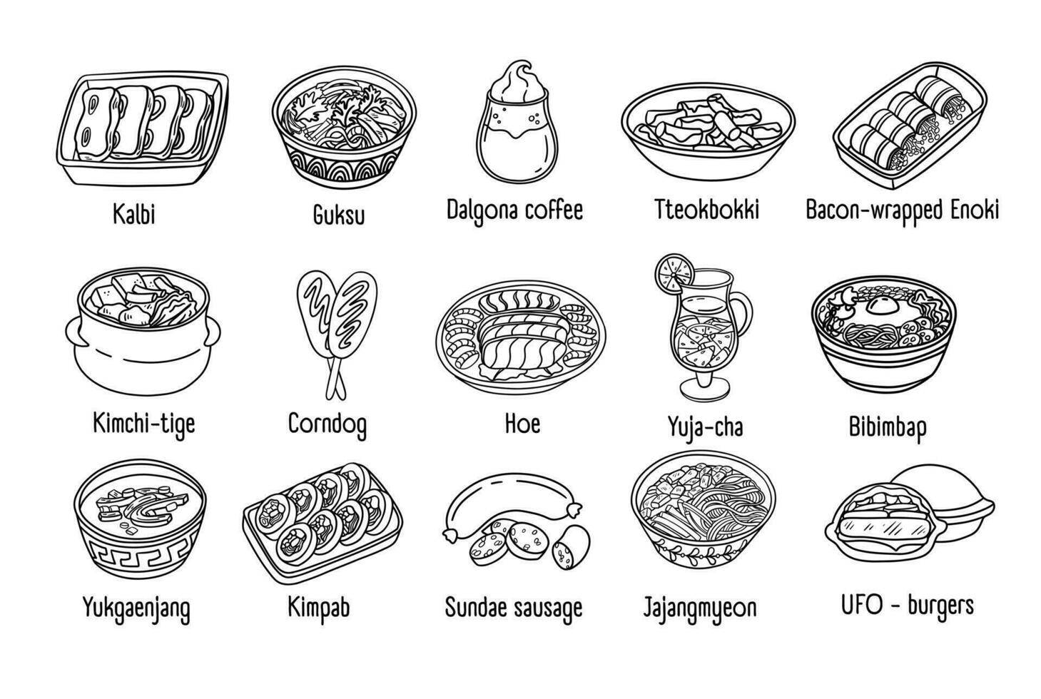 koreanska traditionell mat meny. kryddad soppa, kött, spaghetti, skålar. vektor illustration i översikt stil