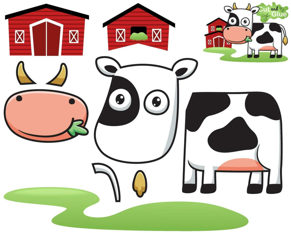 Vektor Illustration von Karikatur Kuh Essen Gras mit rot Scheune. ausgeschnitten und kleben