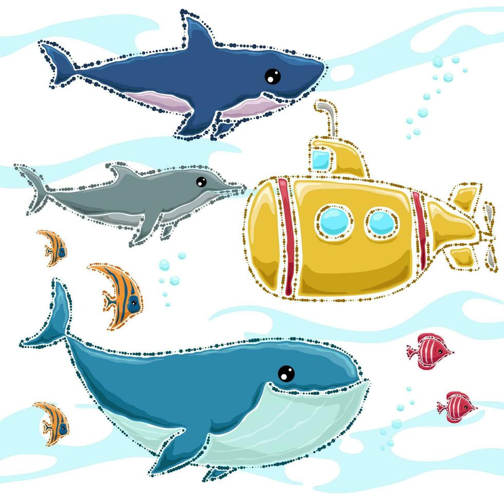 vektor illustration av hand dragen marin djur med gul u-båt