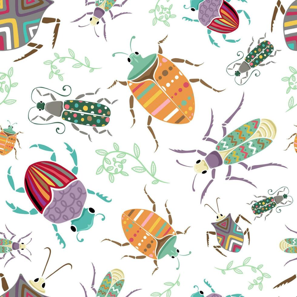 sömlös mönster vektor av hand dragen skalbaggar och löv med färgrik ornament