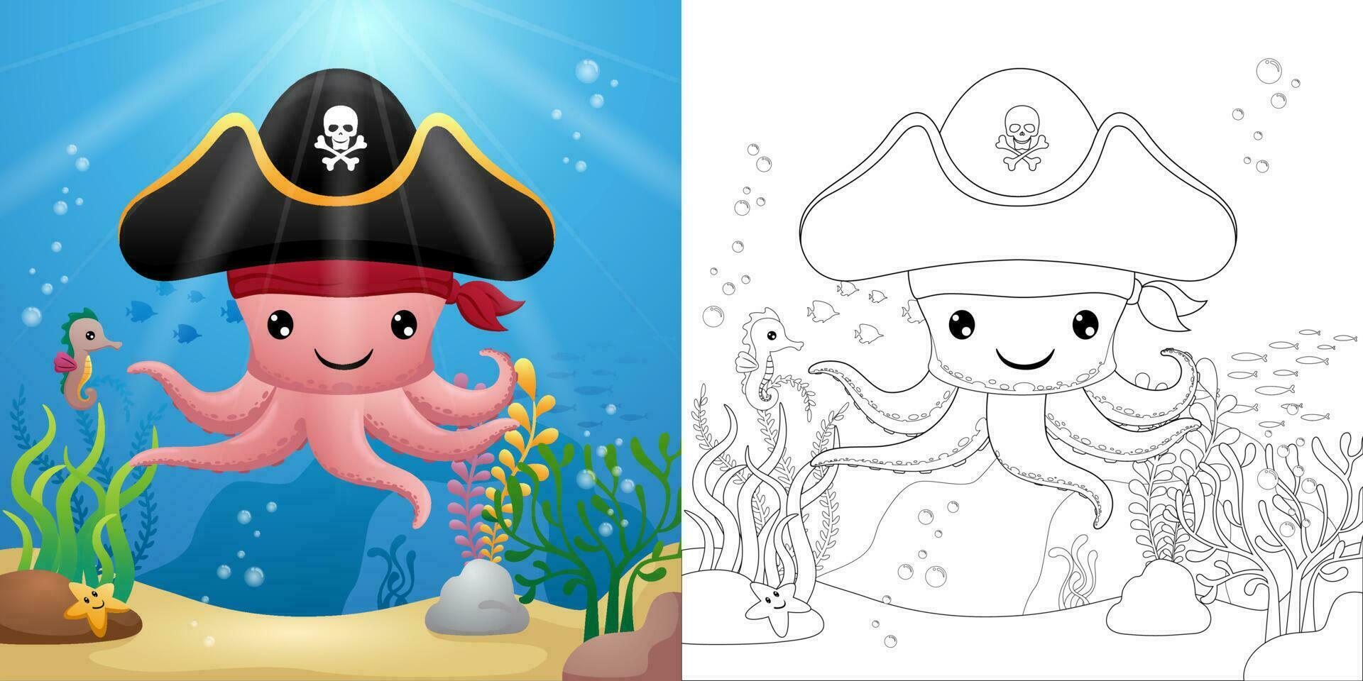komisch Tintenfisch Karikatur tragen Pirat Hut mit Seepferdchen und Seestern unterseeisch, Färbung Buch oder Seite vektor