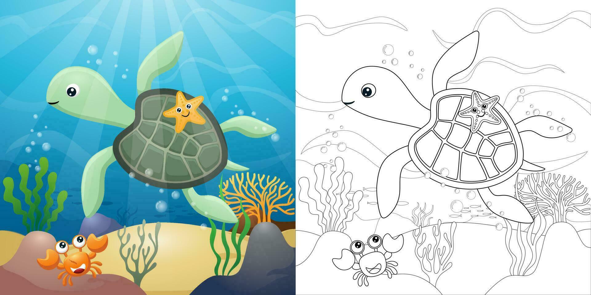 Karikatur von Schildkröte mit Seestern und Krabbe unterseeisch, Färbung Buch oder Seite vektor