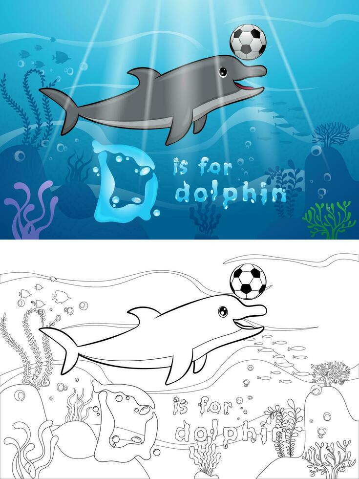 Karikatur Delfin mit Fußball Ball unterseeisch. Färbung Buch oder Seite vektor