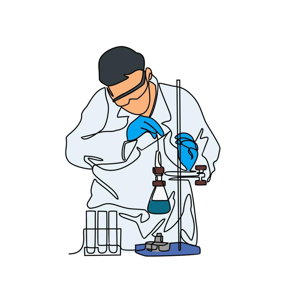 ett kontinuerlig linje teckning av laboratorium officer bära ut kemisk tester. kemisk och laboratorium design begrepp med enkel linjär stil. laboratorium vektor design begrepp.